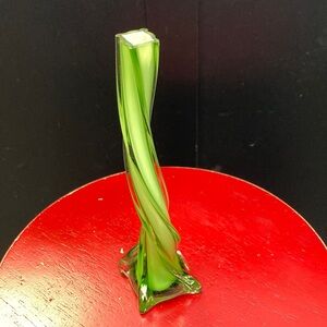 Unique Blown Art Green Glass Bud Vase 8 5/8” tall